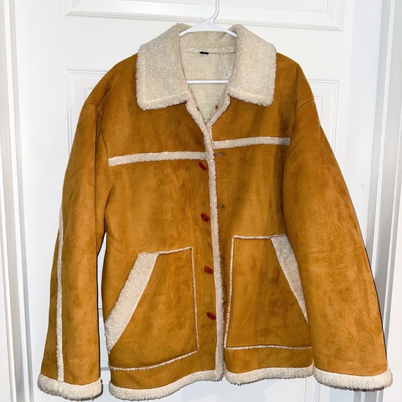 Tan Faux Suede Sherpa-Lined Jacket Cozy Button Front Coat - Picture 2 of 5